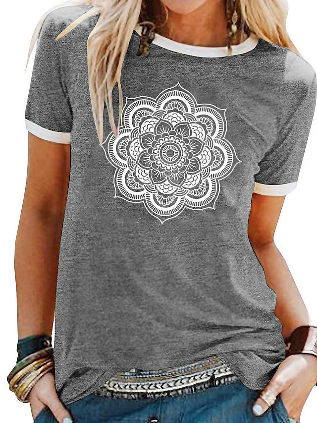 Women's T Shirt Floral Graphic Mandala Basic Short Sleeve Round Neck Regular Tops Daily Weekend Patchwork Print Black Yellow Blue Purple Green Spring, Fall, Winter, Summer 10