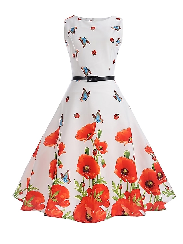  Női Hüvelyruha Swing ruha Midi ruha Fehér Ujjatlan Virágos Nyomtatott Tavasz Nyár Terített nyak 1950-es S M L XL XXL