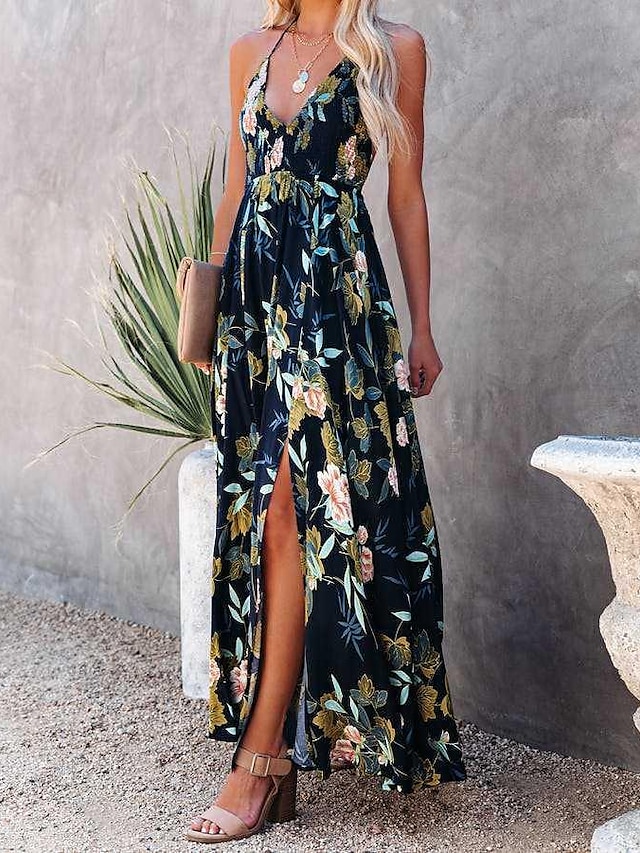 Womens Clothing Womens Dresses | Womens Swing Dress Maxi long Dress printing Sleeveless Floral Backless Split Spring Summer V Ne