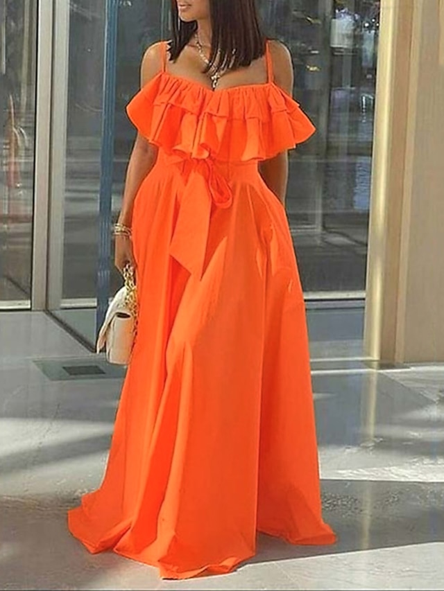 Womens Clothing Womens Dresses | Womens A Line Dress Maxi long Dress Orange Sleeveless Pure Color Backless Ruffle Spring Summer 