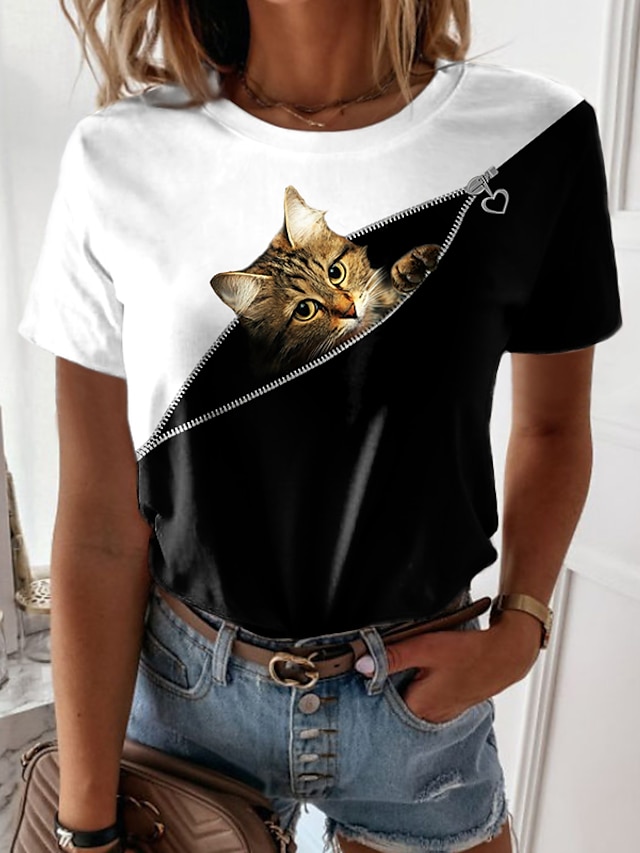  Women's 3D Cat Design T shirt Cat Graphic 3D Print Round Neck Basic Tops Green Black Purple