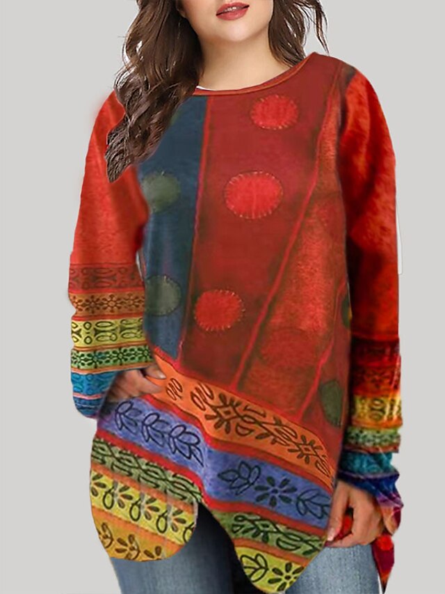 Womens Clothing Plus Size Collection | Womens Plus Size Tops T shirt Multi Color Graphic Print Long Sleeve Round Neck Ethnic Cas