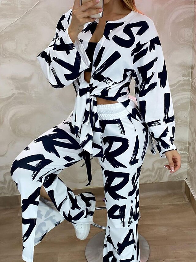 Womens Clothing Womens Tops | Womens Streetwear Painting Casual Daily Wear Two Piece Set Blouse Pants Sets Pant Wide leg pants B