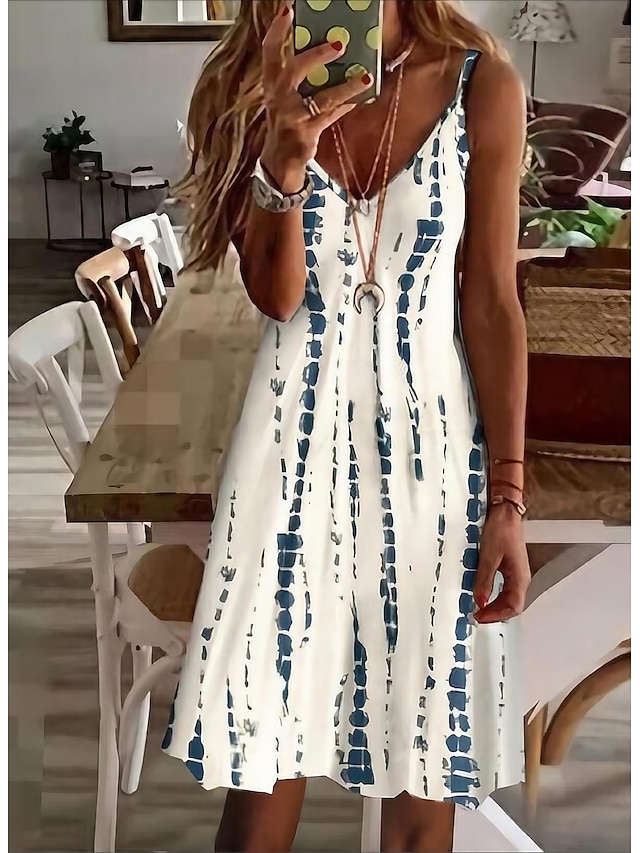  Women's Strap Dress Knee Length Dress White Sleeveless Geometric Tie Dye Print Spring Summer V Neck Party Elegant Casual 2022 S M L XL XXL 3XL / 3D Print