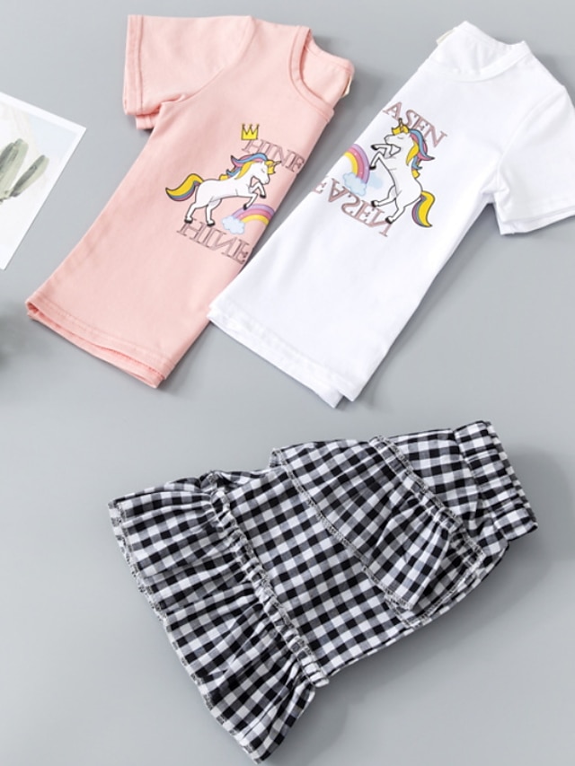 Baby & Kids Girls Clothing | Kids Girls T-shirt & Shorts Clothing Set 2 Pieces Short Sleeve White Pink Plaid Unicorn Letter Ruch