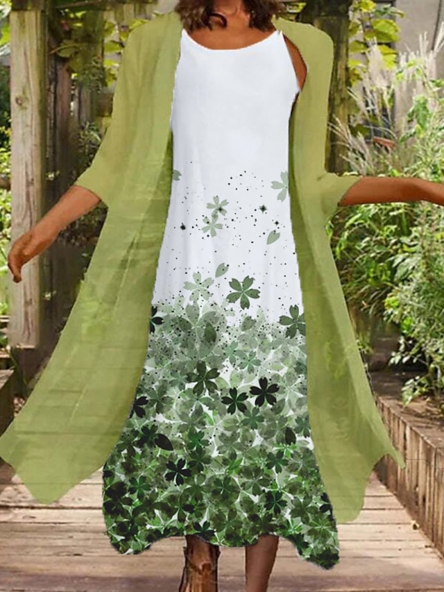 Womens Clothing Womens Dresses | Womens A Line Dress Maxi long Dress Green Purple Half Sleeve Floral Print Summer Crew Neck Vint