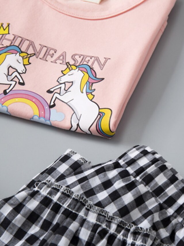 Baby & Kids Girls Clothing | Kids Girls T-shirt & Shorts Clothing Set 2 Pieces Short Sleeve White Pink Plaid Unicorn Letter Ruch