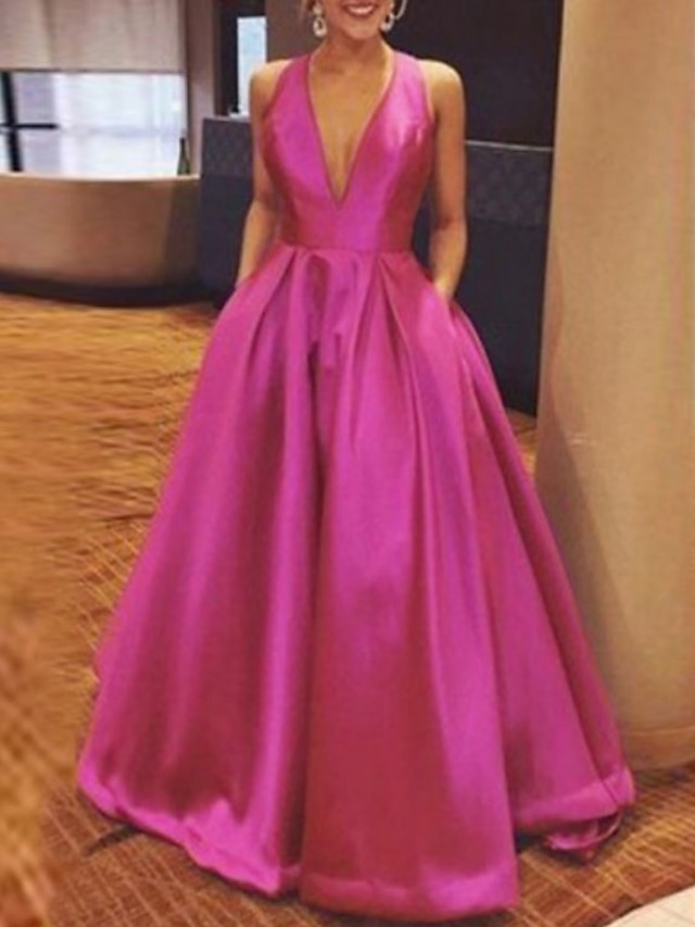  A-Line Evening Gown Beautiful Back Dress Wedding Guest Formal Evening Floor Length Sleeveless Plunging Neck Pocket Satin with Bow(s) Pleats 2024
