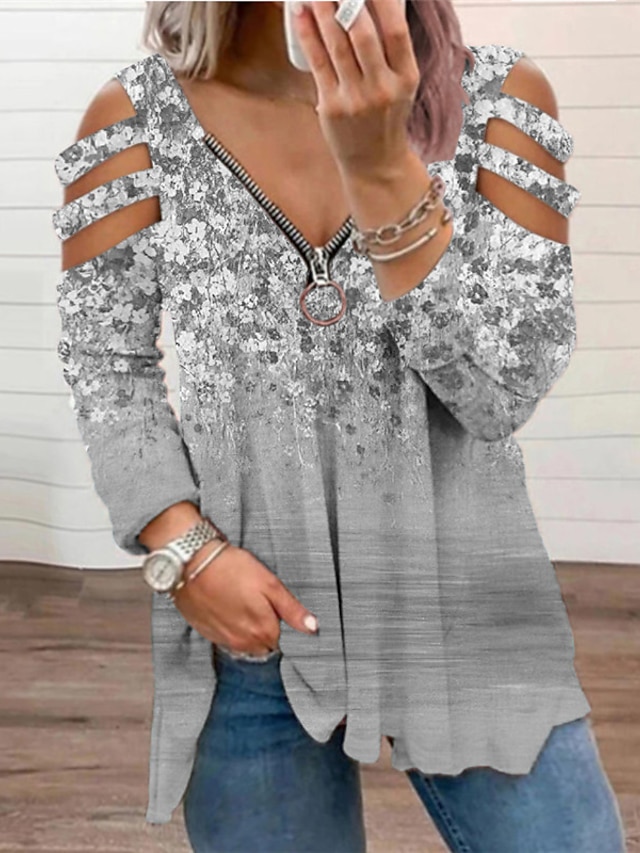 Womens Clothing Plus Size Collection | Womens Plus Size Tops Blouse Shirt Floral Cut Out Zipper Long Sleeve V Neck Streetwear Da