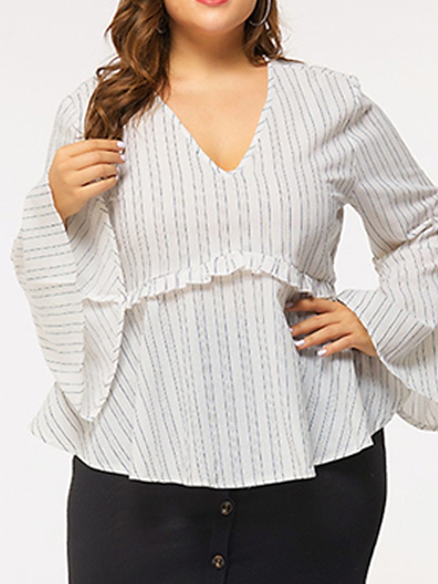 Womens Clothing Plus Size Collection | Womens Plus Size Tops Shirt Striped Ruffle Print Long Sleeve V Neck Streetwear Daily Goin