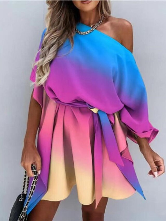 Womens Clothing Womens Dresses | Womens A Line Dress Short Mini Dress Rainbow Half Sleeve Rainbow Color Gradient Lace up Print S