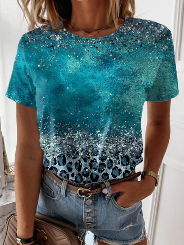  Women's Abstract Design T shirt Graphic Leopard Print Round Neck Basic Tops Green Blue Purple / 3D Print