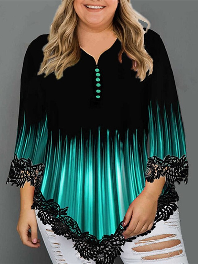 Womens Clothing Plus Size Collection | Womens Plus Size Tops Blouse Shirt Color Gradient Print 3/4 Length Sleeve V Neck Streetwe