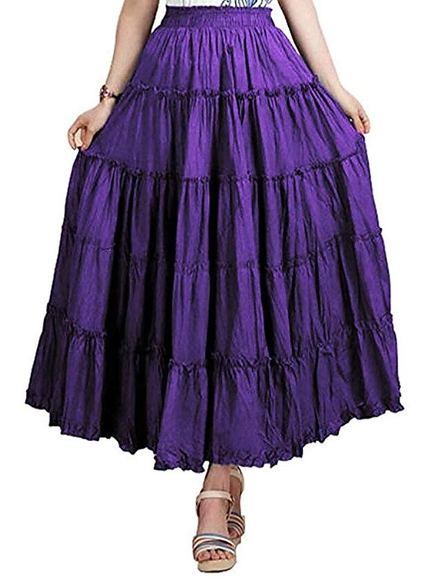 Womens Clothing Womens Bottoms | womens bohemian elastic waist long skirt cotton circle ruffle broomstick peasant maxi tiered sk