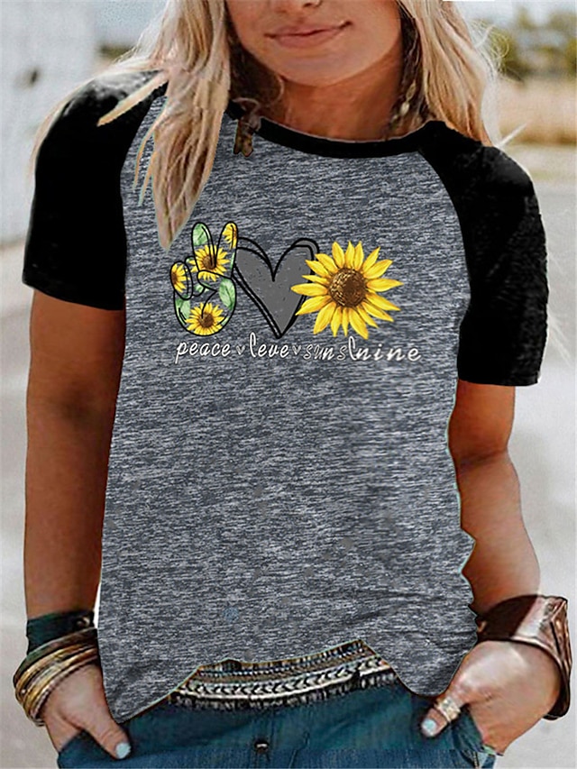 Womens Clothing Plus Size Collection | Womens Plus Size Tops T shirt Sunflower Letter Print Short Sleeve Crewneck Streetwear Dai