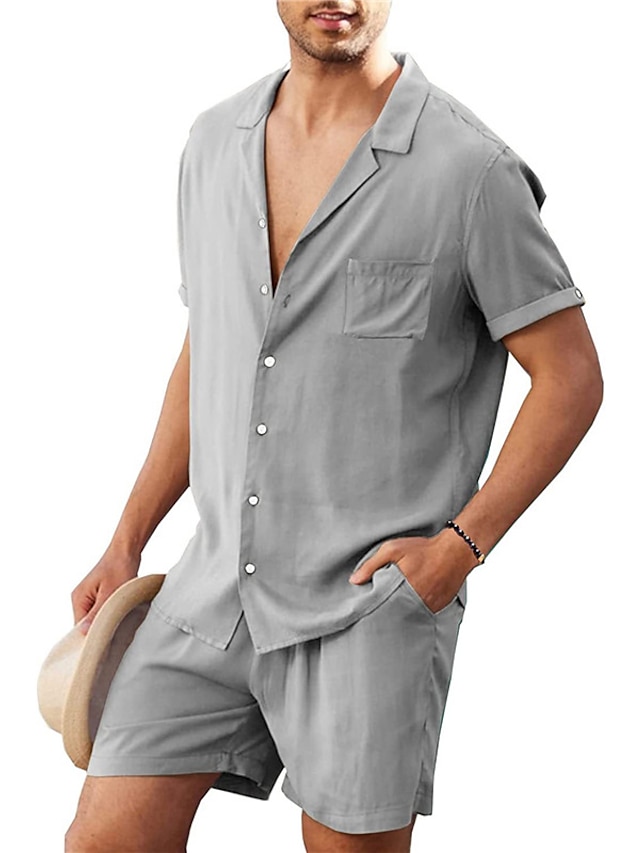  Herr linneskjorta Linneskjorta i bomull Vit bomullsskjorta 2 delar Skjorta set Sommarskjorta Slät Utomhus Gata Svart Vit Armégrön Beige Kortärmad Nedvikt Sommar Kläder Button-Down
