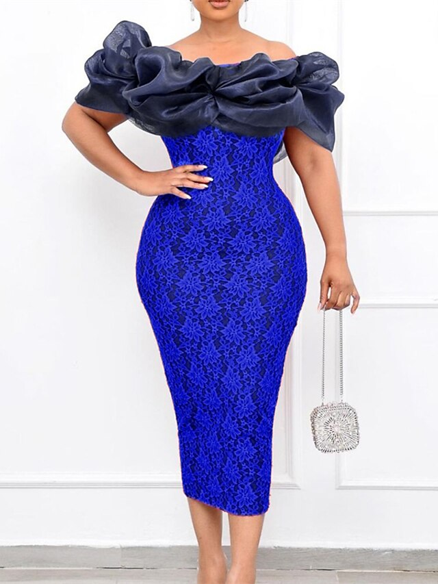 Womens Clothing Womens Dresses | Womens Bodycon Midi Dress Prom Dress Blue Purple Red Sleeveless Floral Mesh Lace Spring Summer 