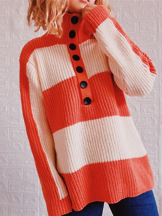 Womens Clothing Sweaters & Cardigans | Womens Pullover Sweater Jumper Ribbed Knit Knitted Button Striped Turtleneck Stylish Eleg