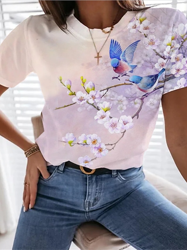 Womens Clothing Womens Tops | Womens Floral Bird Casual Daily T shirt Tee Short Sleeve Patchwork Print Round Neck Basic Essentia