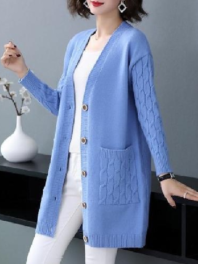  Women's Cardigan Pocket Solid Color Stylish Basic Casual Long Sleeve Regular Fit Sweater Cardigans V Neck Fall Spring Blue Black Camel / Going out