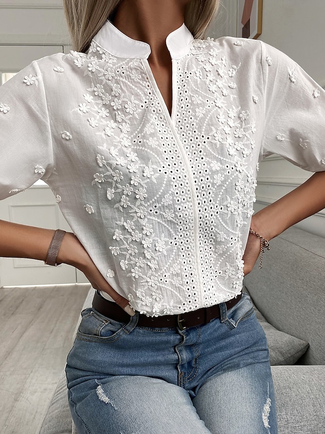 Women's Shirt Blouse Turtleneck shirt White Floral Plain Lace Cut Out ...