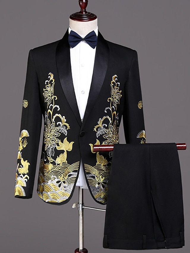  Czarne białe męskie garnitury na studniówkę wesele wieczorowe smokingi 2-częściowe szalowy kołnierzyk haftowane kwiaty, dopasowany krój jednorzędowy zapinany na jeden guzik 2024
