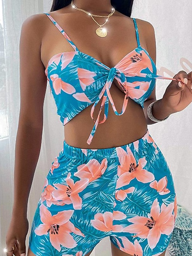 Womens Clothing Womens Swimwear | Womens Swimwear Bikini Three Piece Normal Swimsuit UV Protection Lace up Printing Hole Floral 