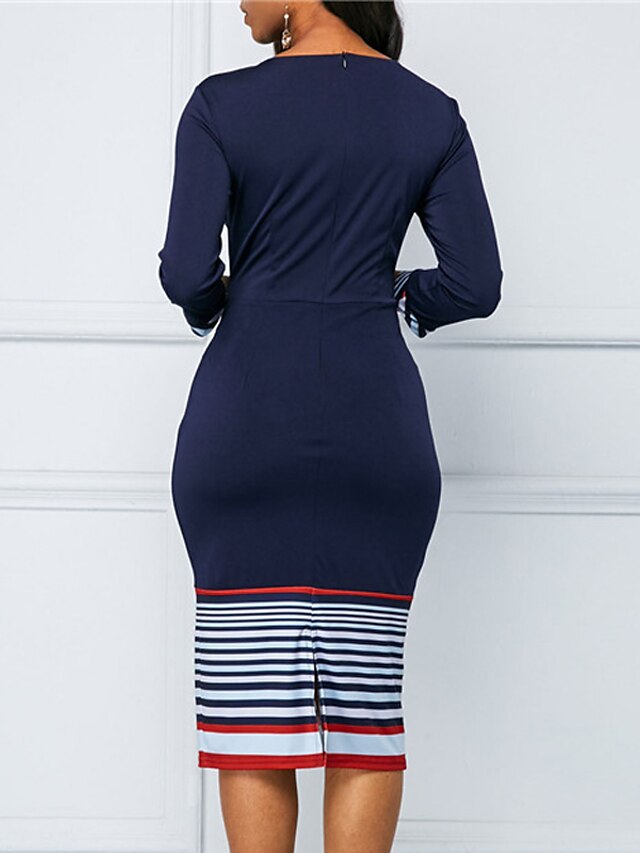 Womens Clothing Womens Dresses | Womens Sheath Dress Knee Length Dress Blue Purple Brown Long Sleeve Striped Button Print Spring