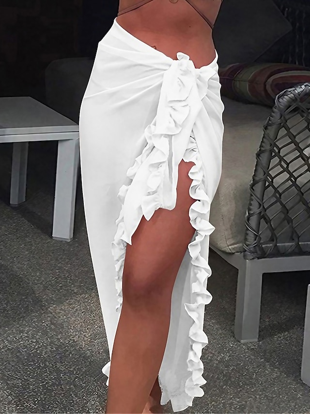  Women's Swimwear Cover Up Swim Shorts Sarong wrap Normal Swimsuit Ruffle Pure Color White Black Yellow Rosy Pink Khaki Bathing Suits New Vacation Fashion / Sexy / Modern
