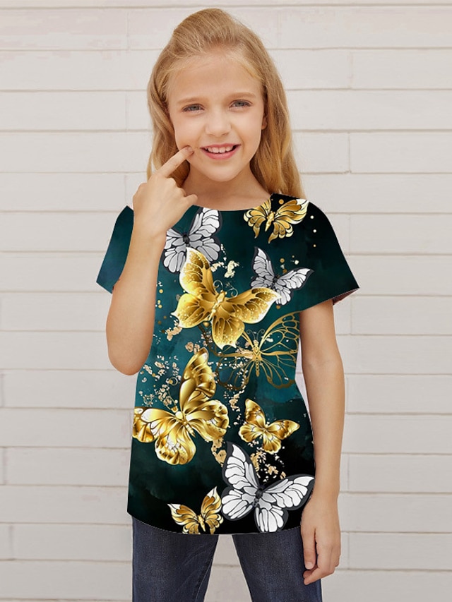  Ragazze 3D Animale Farfalla Maglietta Manica Corta Stampa 3D Estate Primavera Attivo Moda Carino Bambini 3-12 Anni All'aperto Quotidiano Interno Vestibilità regolare