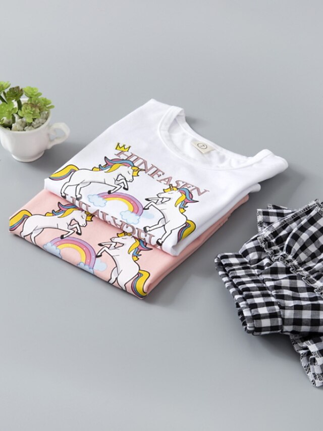 Baby & Kids Girls Clothing | Kids Girls T-shirt & Shorts Clothing Set 2 Pieces Short Sleeve White Pink Plaid Unicorn Letter Ruch