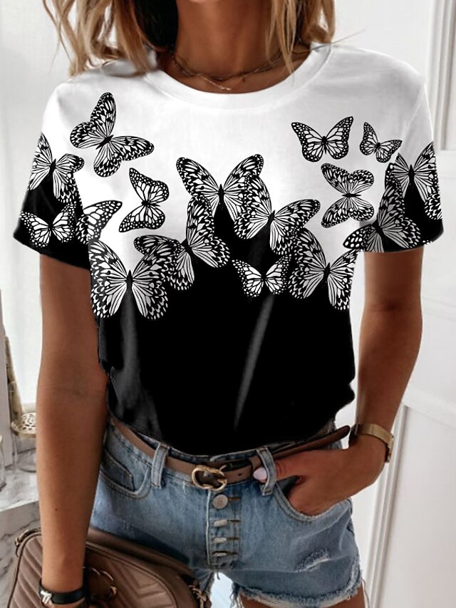  Women's Butterfly Design T shirt Graphic Butterfly Color Block Print Round Neck Basic Tops Black Gray Purple / 3D Print