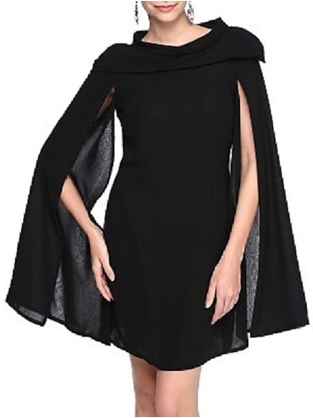  Robe trapèze noire en mousseline de soie avec plis, courte/mini, sans manches, col bijou, pour invités de mariage, automne, 2024