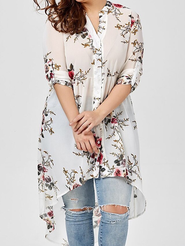 Womens Clothing Plus Size Collection | Womens Plus Size Tops Blouse Floral Print Long Sleeve V Neck Streetwear Festival Daily Sp