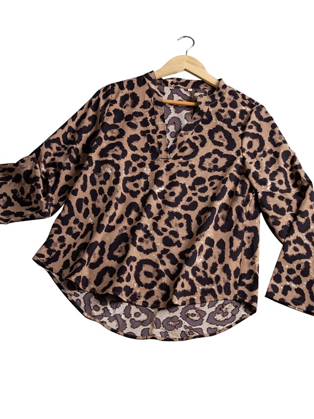 Womens Clothing Plus Size Collection | Womens Plus Size Tops Blouse Shirt Leopard Long Sleeve Crewneck Vintage Daily Polyester S