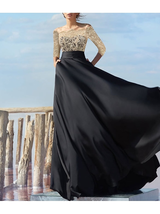  A-Line Evening Gown Empire Dress Wedding Guest Engagement Floor Length Half Sleeve Off Shoulder Chiffon with Lace Insert Appliques 2024