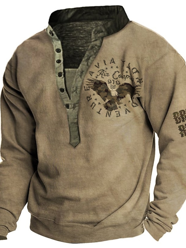  Men's Sweatshirt Pullover Khaki Henley Collar Graphic Eagle Print Sports & Outdoor Casual Daily 3D Print Plus Size Vintage 3D Print Designer Spring & Summer Clothing Apparel Hoodies Sweatshirts  Long
