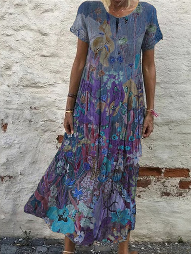 Women's Swing Dress Maxi long Dress Green Blue Wine Short Sleeve Floral ...