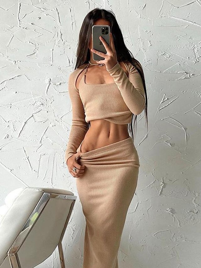 Womens Clothing Womens Tops | Womens Basic Sexy Plain Casual Two Piece Set Halter Neck Skirt Sets Dress Tops - RR33928