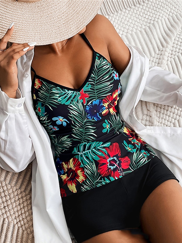  Women's Swimwear Tankini 2 Piece Normal Swimsuit Leaves Open Back Printing Black Strap Camisole Bathing Suits Vacation Fashion Sexy / Modern / New / Padded Bras