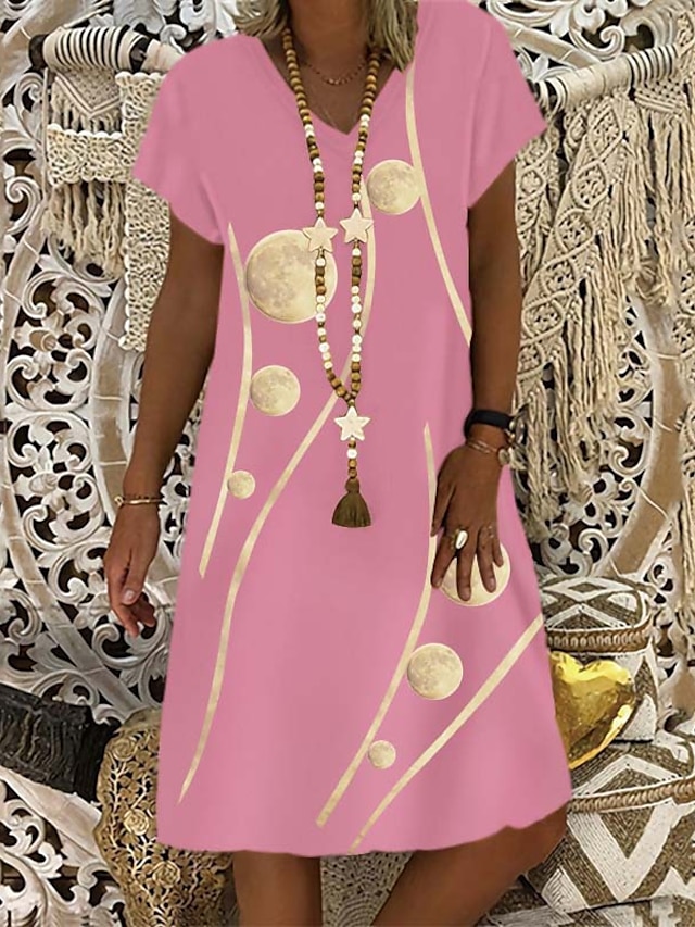  Women's Casual Dress Shift Dress Midi Dress Black Pink Wine Short Sleeve Geometric Print Spring Summer V Neck Casual Weekend Loose Fit 2023 S M L XL XXL 3XL