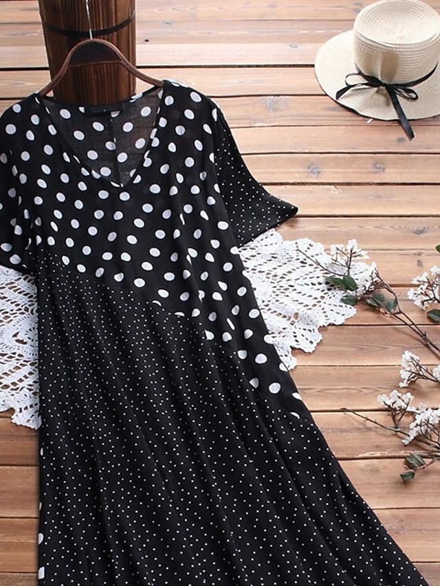 Womens Clothing Plus Size Collection | Womens Plus Size Swing Dress Polka Dot V Neck Print Short Sleeve Spring Summer Casual Max