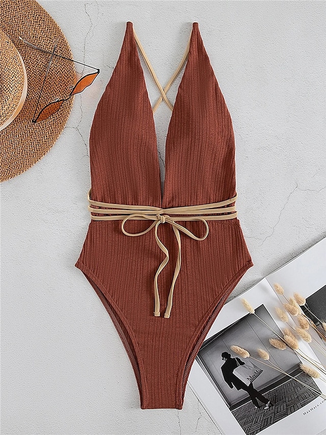 Womens Clothing Womens Swimwear | Womens Swimwear One Piece Monokini Bathing Suits Normal Swimsuit Lace up Open Back Pure Color 