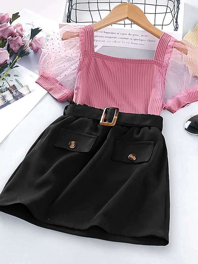 Baby & Kids Girls Clothing | Kids Girls T-shirt & Skirt 2 Pieces Short Sleeve Long Sleeve Pink Solid Color Loose Vacation Outdoo