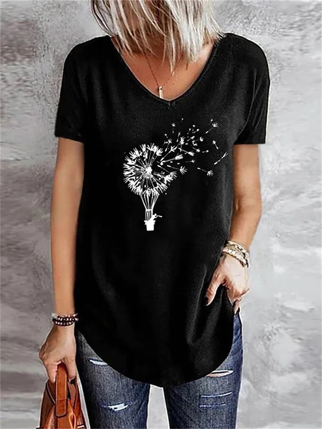 Womens Clothing Womens Tops | Womens Casual Daily Floral T shirt Tee Dandelion Short Sleeve Print V Neck Basic Tops Green Black 