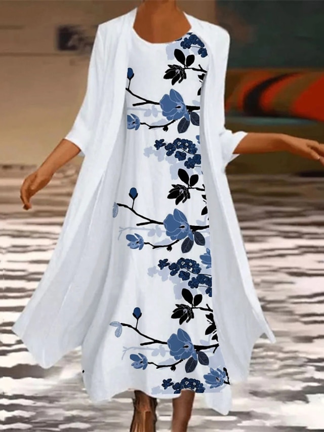  Mujer Conjunto de vestido Vestido de dos piezas Vestido Midi Blanco Media Manga Floral Estampado Verano Primavera Cuello Barco Casual 2023 S M L XL XXL 3XL