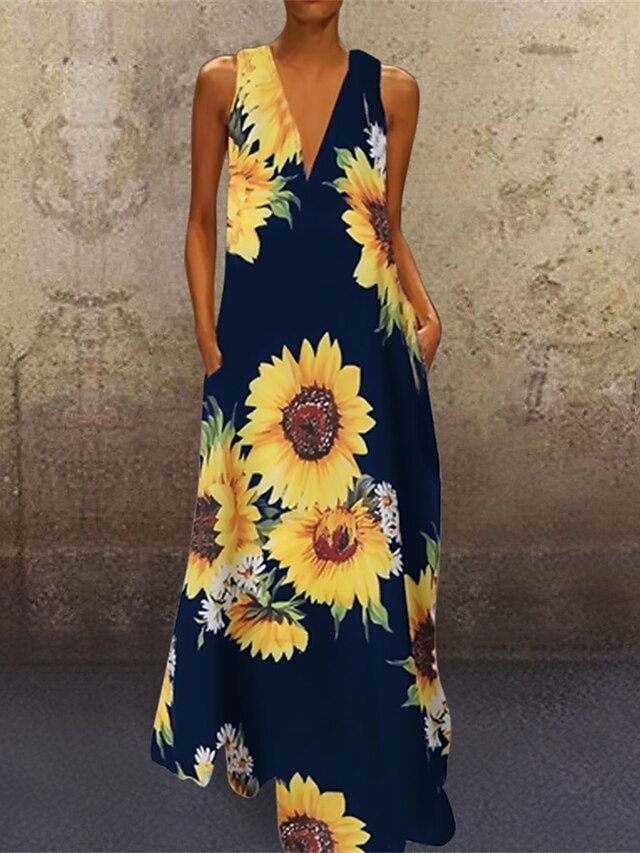 Womens Clothing Womens Dresses | Womens Shift Dress Maxi long Dress Green Black Navy Blue Sleeveless Floral Print Spring Summer 