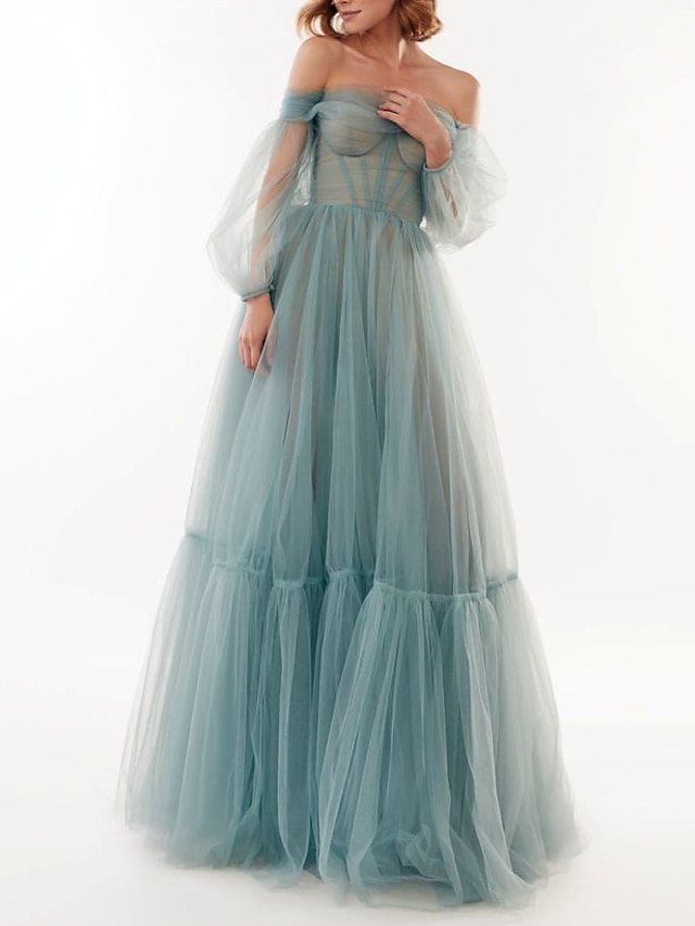  A-Line Elegant Sexy Wedding Guest Prom Dress Off Shoulder Long Sleeve Floor Length Tulle with Bow(s) Pleats 2022