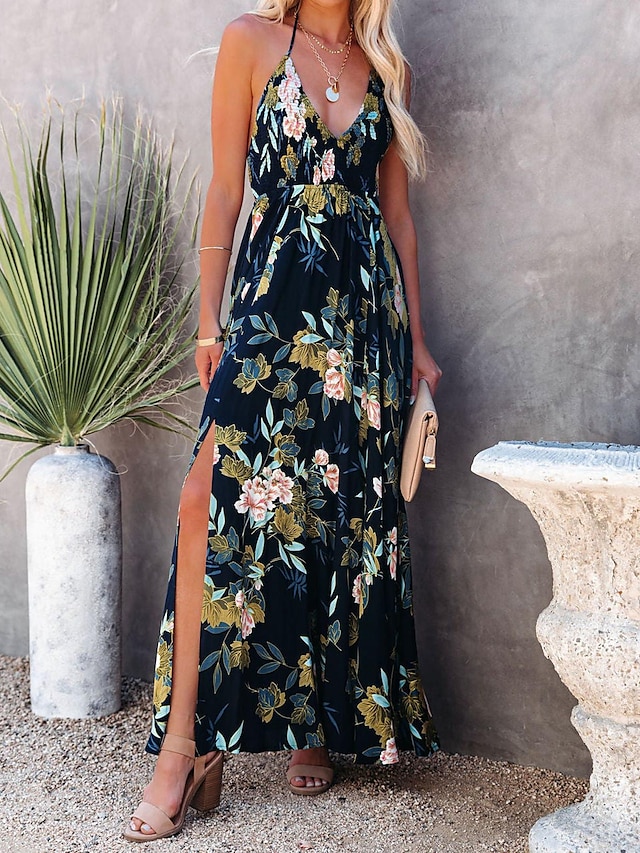 Womens Clothing Womens Dresses | Womens Swing Dress Maxi long Dress printing Sleeveless Floral Backless Split Spring Summer V Ne