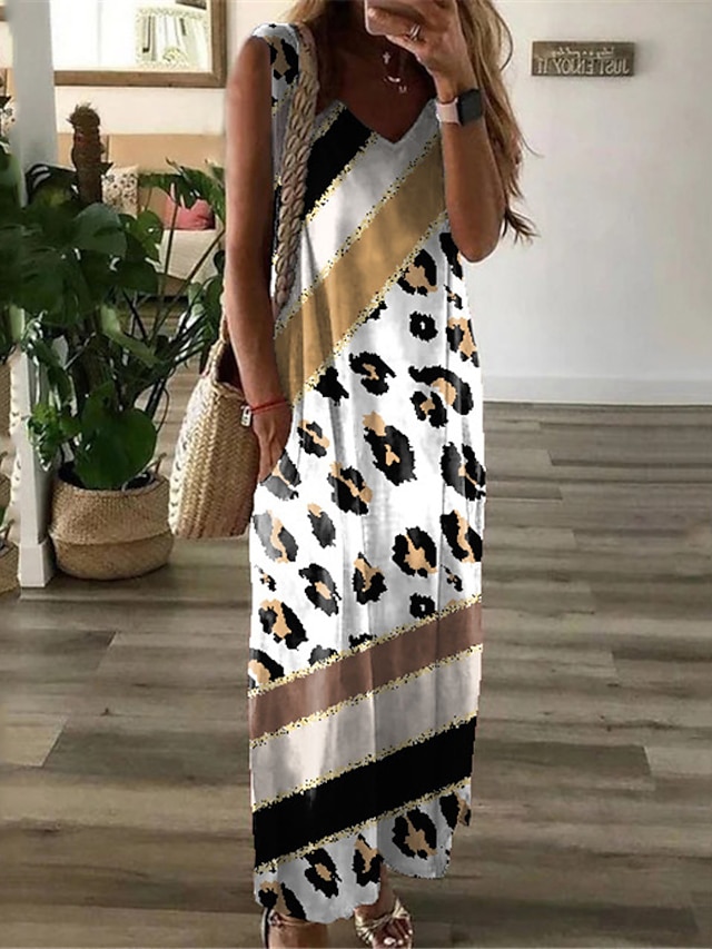 Womens Clothing Womens Dresses | Womens Shift Dress Maxi long Dress Green Gray Pink Orange Brown Yellow Sleeveless Print Color G